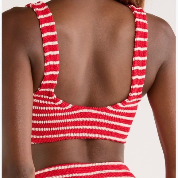 HUNZA G Nadine Striped Bikini Crinkle Stretch Ring Top Red White High Waisted - Picture 2 of 8